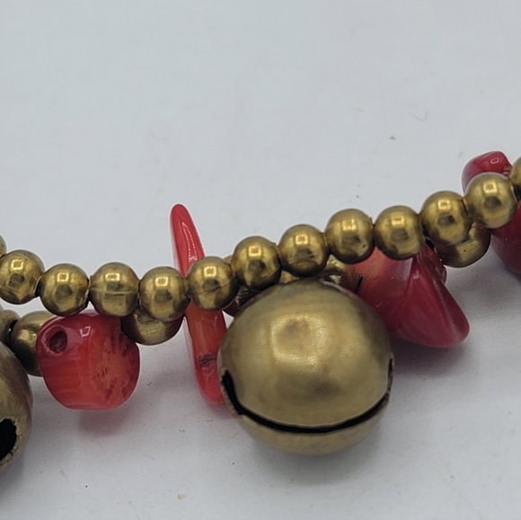 Coral Color Red Stone Chip Anklet Double Strand Gold Tone Beads Jingle Bells 11" - Picture 4 of 11